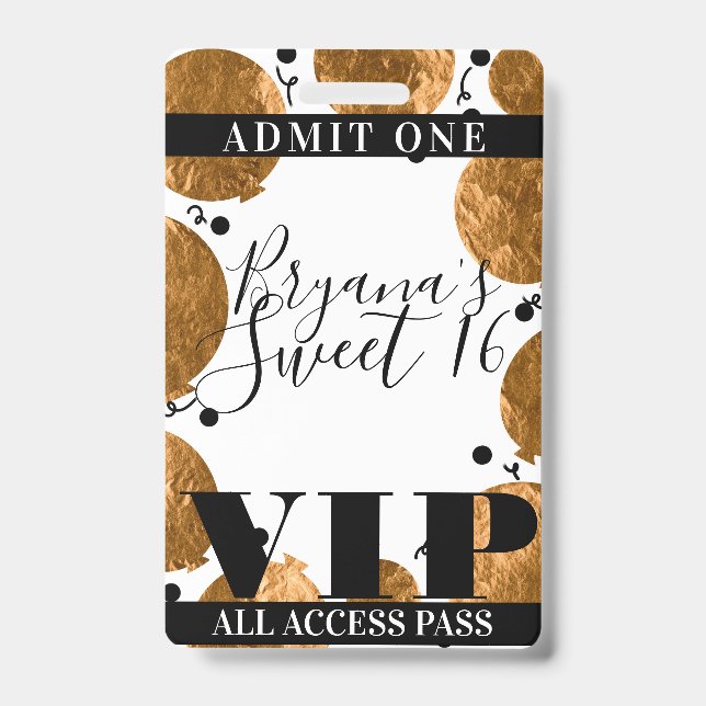 Metallic Gold Balloons Sweet 16 Party VIP Pass Badge (Front)