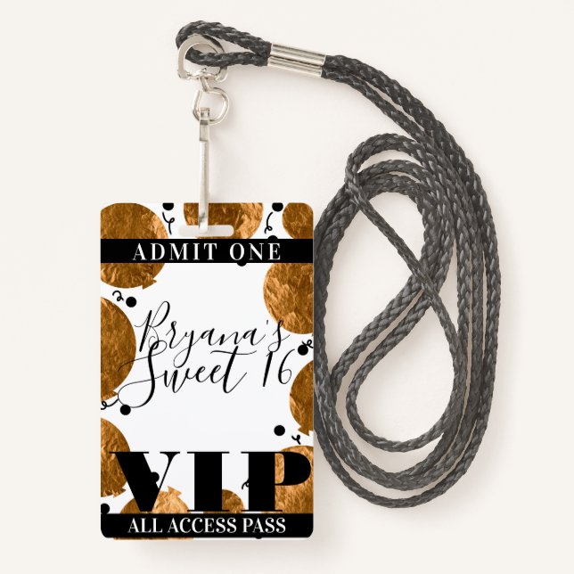 Metallic Gold Balloons Sweet 16 Party VIP Pass Badge (Front with Lanyard)