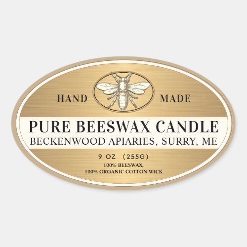 Metallic Gold Beeswax Oval Candle Heraldic Bee Oval Sticker