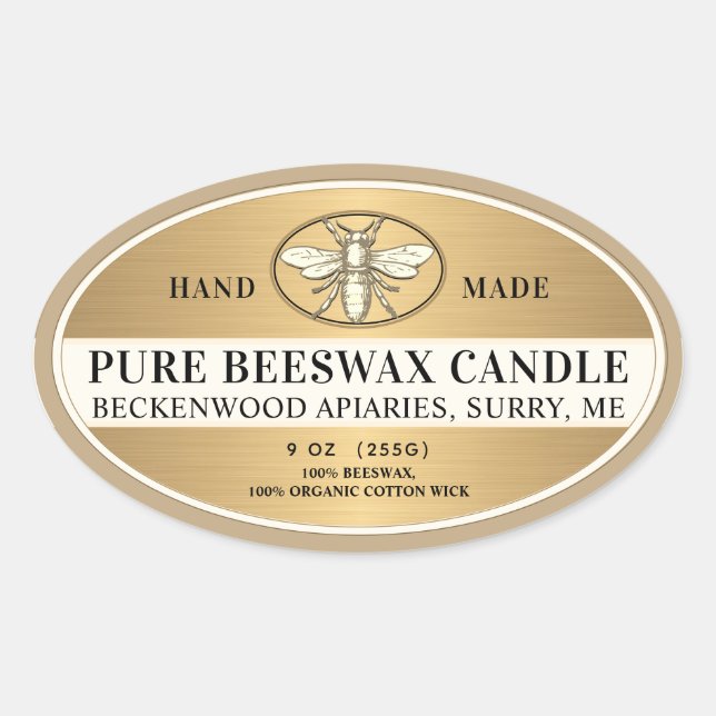 Metallic Gold Beeswax Oval Candle Heraldic Bee Sticker (Front)