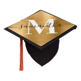 Metallic Gold Black and White Monogram Graduation Cap Topper