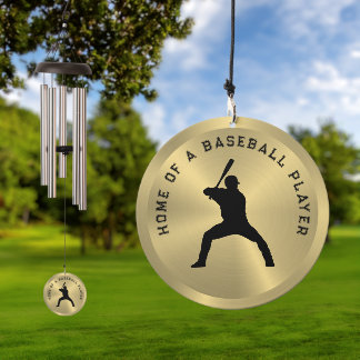 Metallic Gold Black Baseball Player Silhouette Wind Chime