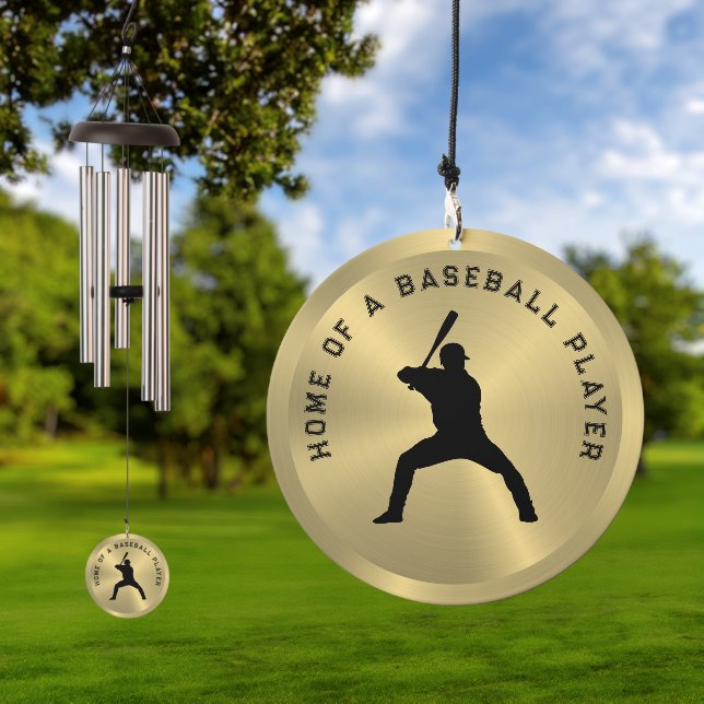 Metallic Gold Black Baseball Player Silhouette Wind Chime (Outdoor)