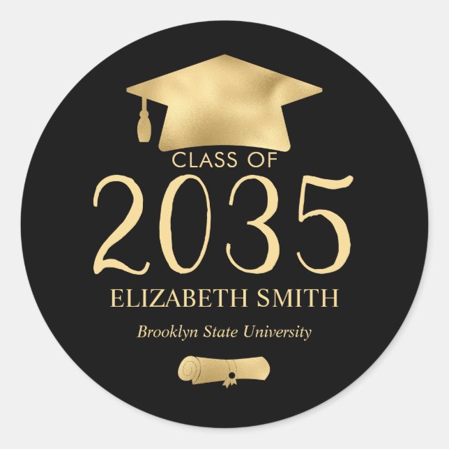 Metallic Gold Black Grad Cap Diploma Graduation Classic Round Sticker (Front)