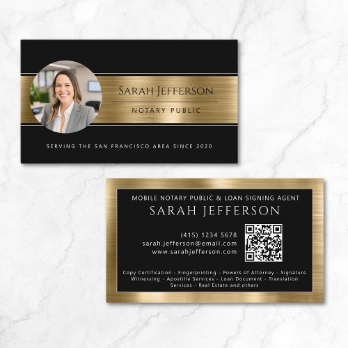 Metallic Gold Black Photo QR Notary Public Business Card