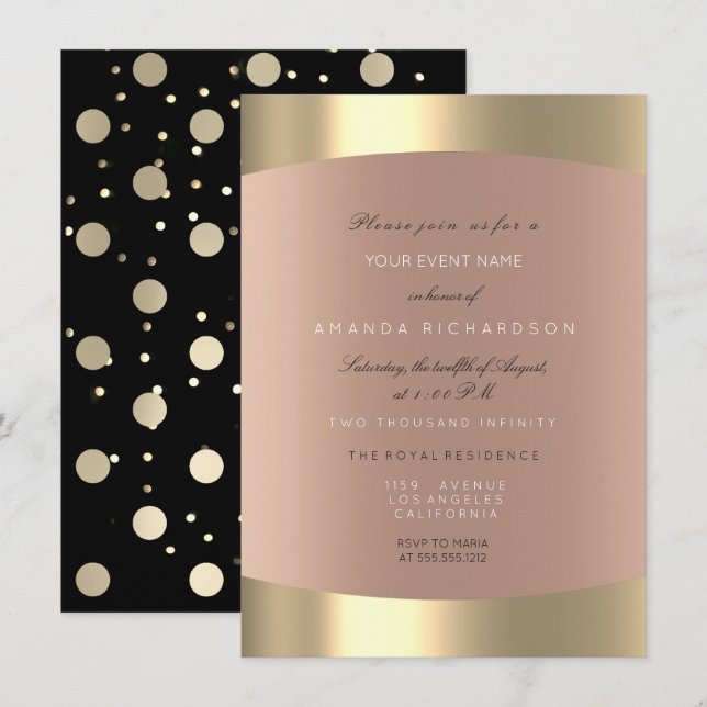 Metallic Gold Black Polka Dots Sepia Rose Blush Invitation (Front/Back)