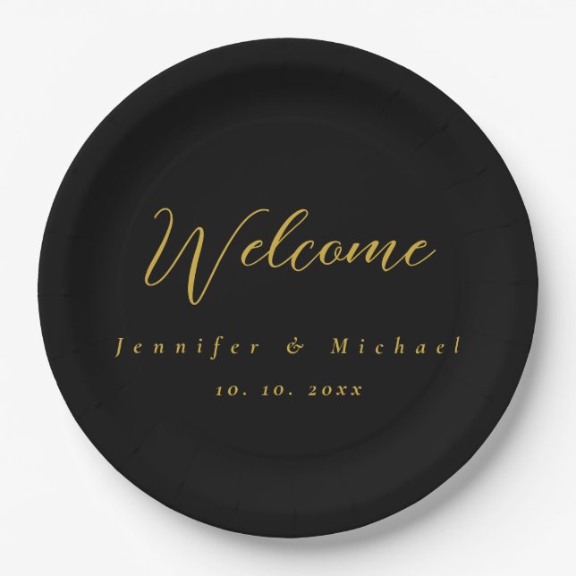 Metallic Gold & Black Professional Modern Elegant Paper Plates (Front)