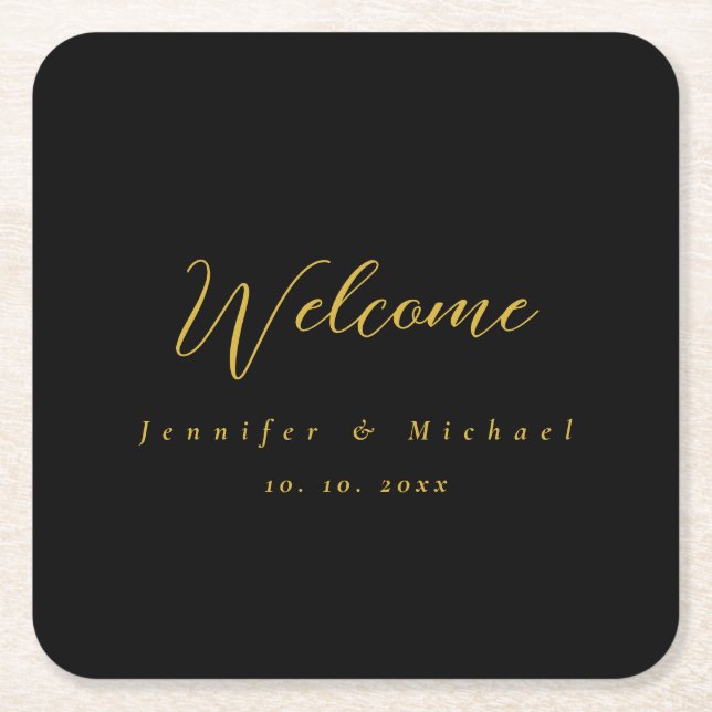Metallic Gold & Black Professional Modern Elegant Square Paper Coaster (Front)