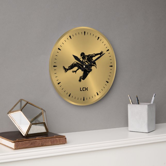 Metallic Gold Black Silhouette Hip Hop Dancer Large Clock (Office)