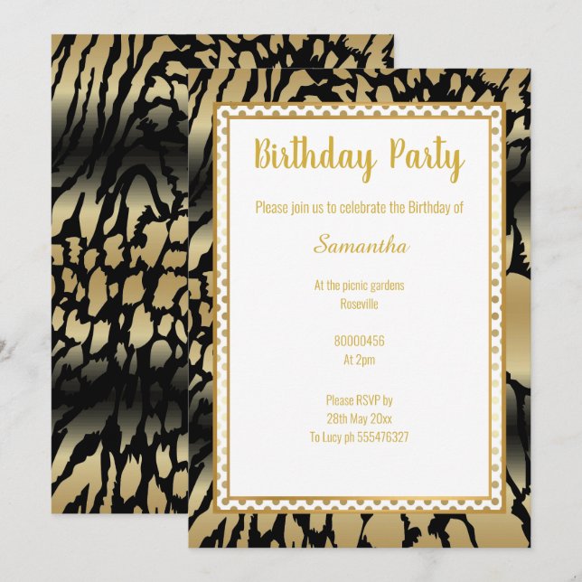 METALLIC GOLD BLACK SPOT ANIMAL PRINT BIRTHDAY  INVITATION (Front/Back)