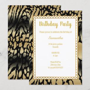 METALLIC GOLD BLACK SPOT ANIMAL PRINT BIRTHDAY  INVITATION