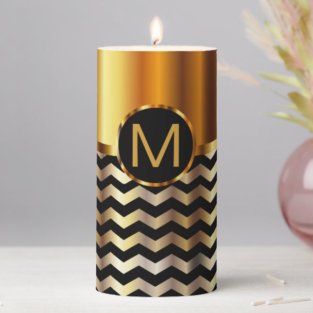 Metallic Gold & Black Stripe Chevron Pillar Candle (In Situ)