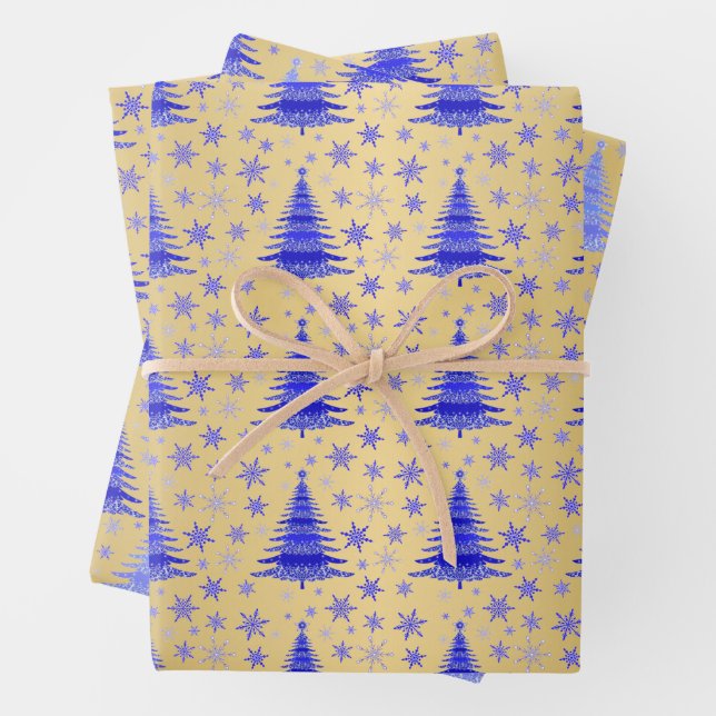 Metallic Gold Blue Christmas Trees Pattern Wrapping Paper Sheets (In situ)