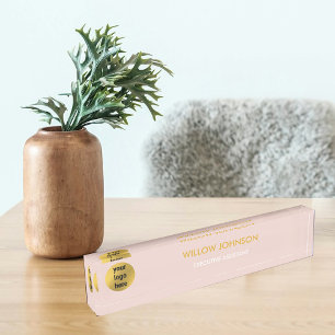 Metallic Gold & Blush Pink Business Logo Executive Desk Name Plate