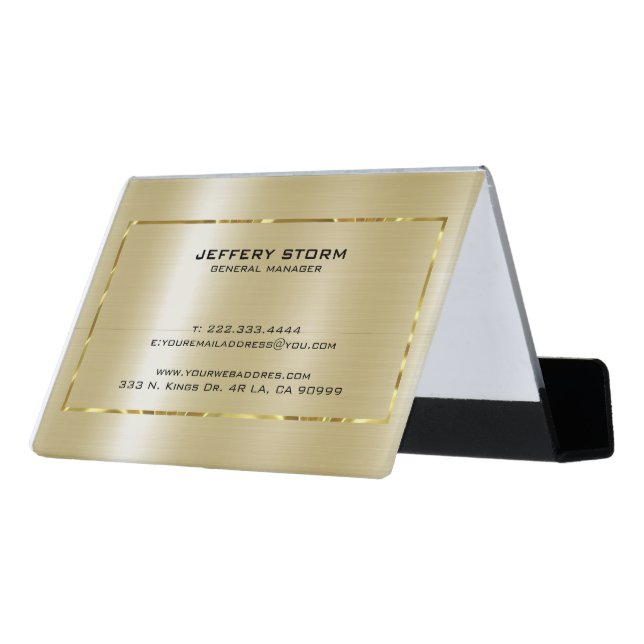 Metallic Gold Brushed Aluminum Texture Desk Business Card Holder (Angled Back)