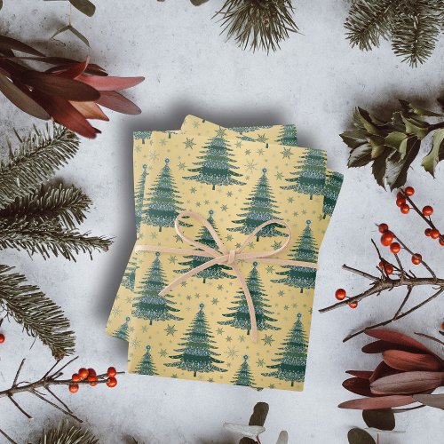 Metallic Gold Christmas Green Trees Pattern Wrapping Paper Sheets