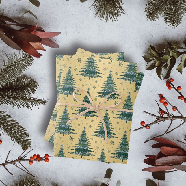 Metallic Gold Christmas Green Trees Pattern Wrapping Paper Sheets (Creator Uploaded)