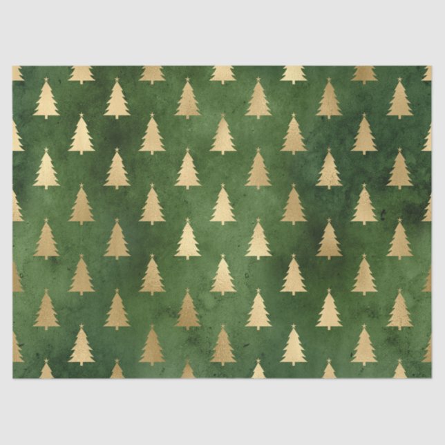Metallic Gold Christmas Trees on Green Decoupage Tissue Paper (Front)