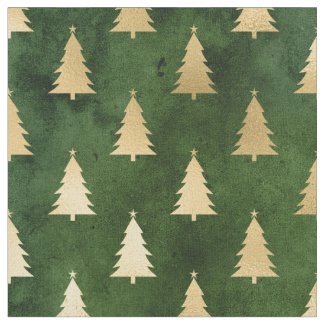 Metallic Gold Christmas Trees on Green Fabric