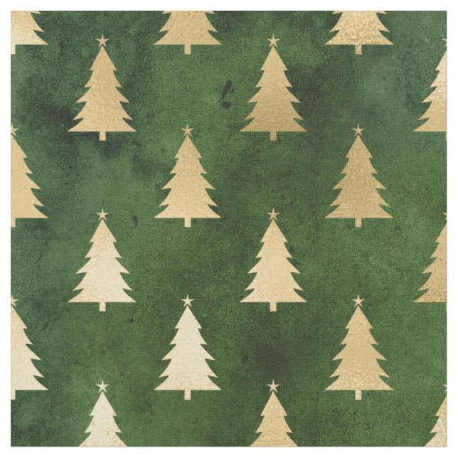 Metallic Gold Christmas Trees on Green Fabric (Close Up)