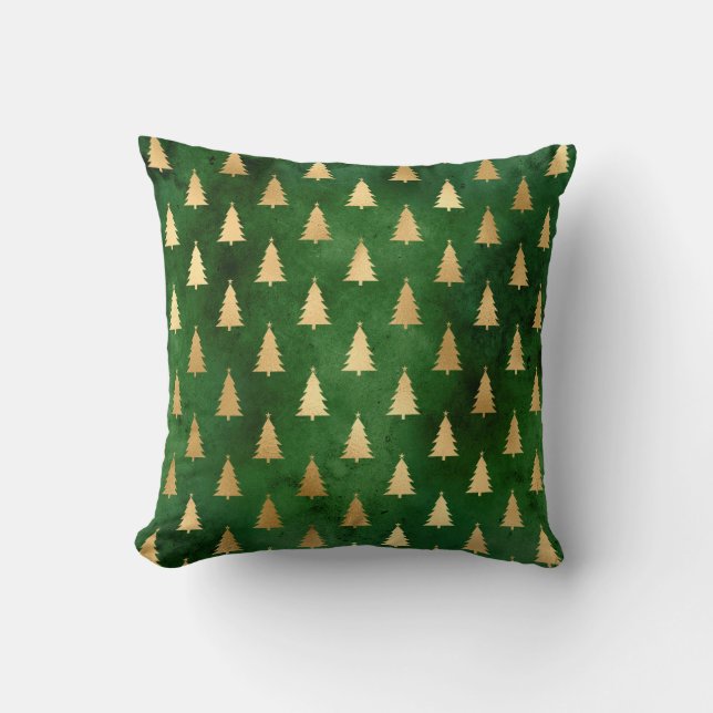 Metallic Gold Christmas Trees on Green Throw Pillow (Front)