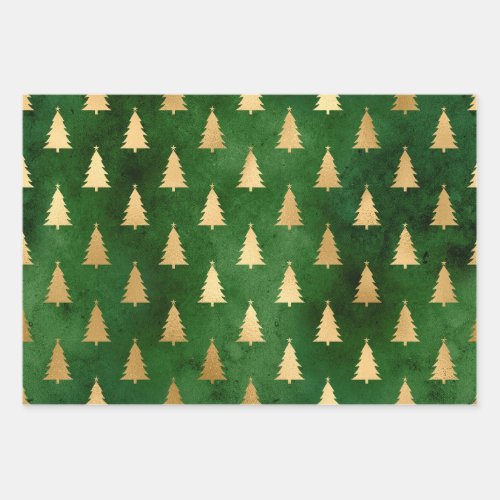 Metallic Gold Christmas Trees on Green Wrapping Paper Sheets