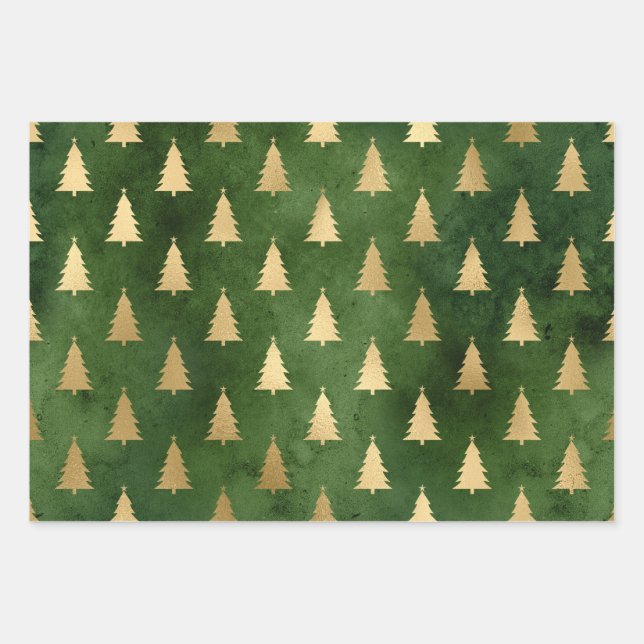 Metallic Gold Christmas Trees on Green Wrapping Paper Sheets (Front)