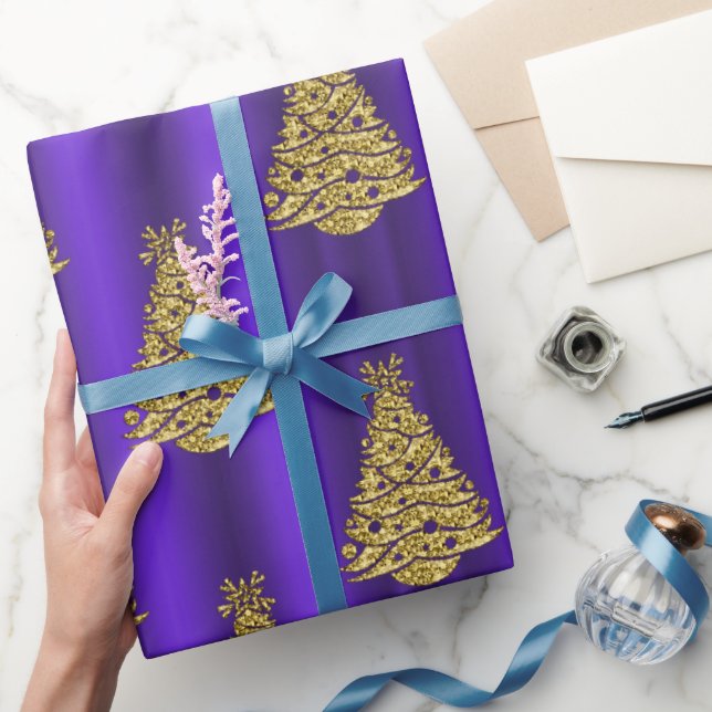 Metallic Gold Christmas Trees on Purple Christmas Wrapping Paper (Gifting)