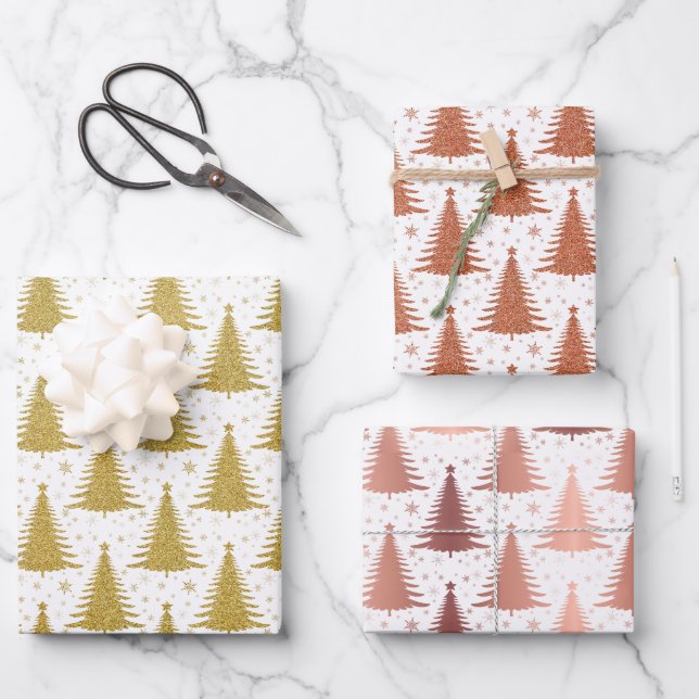 Metallic Gold Christmas Trees Pattern Glitter Wrapping Paper Sheets (Front)