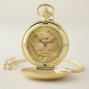Metallic Gold Damask 50th Wedding Anniversary Pocket Watch