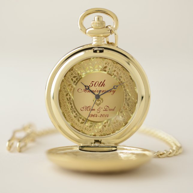 Metallic Gold Damask 50th Wedding Anniversary Pocket Watch (Inside)