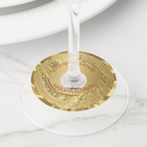 Metallic Gold Damask And Circle Wine Glass Tag