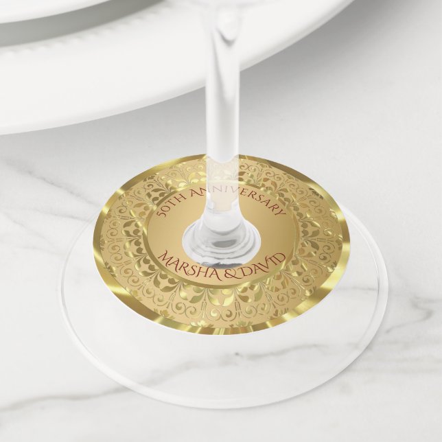 Metallic Gold Damask And Circle Wine Glass Tag (Close Up)