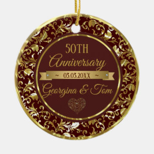 Metallic Gold Damask And Ribbon Ceramic Ornament