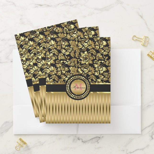 Metallic Gold Damask And Stripes Pocket Folder (In Situ)