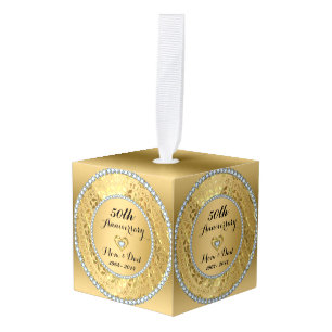 Metallic Gold Damask & Diamonds- 50th Anniversary Cube Ornament