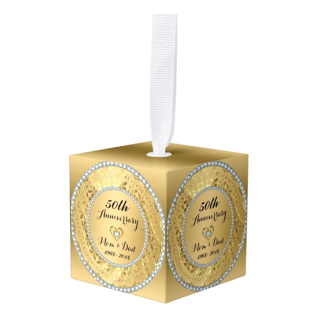 Metallic Gold Damask & Diamonds- 50th Anniversary Cube Ornament (Front Angled)
