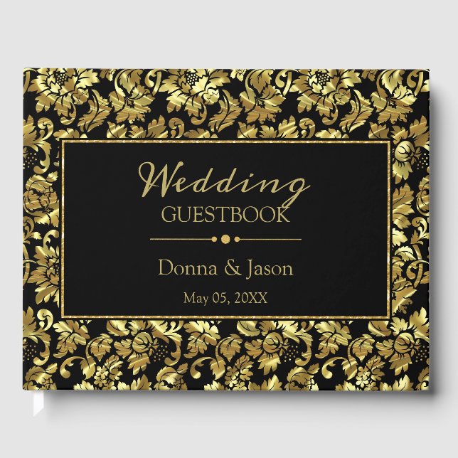Metallic Gold Damask Pattern Guest Book (Front)