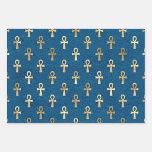 Metallic Gold Egyptian Ankh on Blue Wrapping Paper Sheets