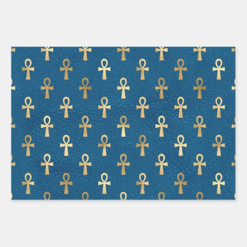 Metallic Gold Egyptian Ankh on Blue Wrapping Paper Sheets