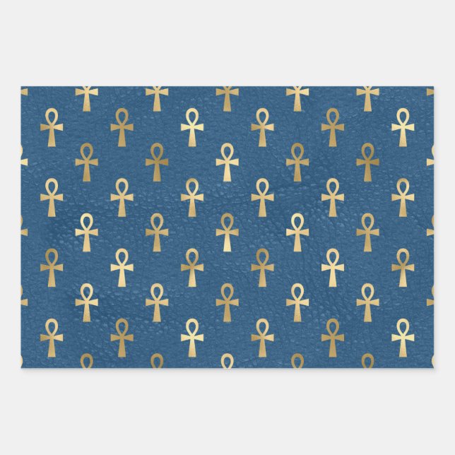 Metallic Gold Egyptian Ankh on Blue Wrapping Paper Sheets (Front)