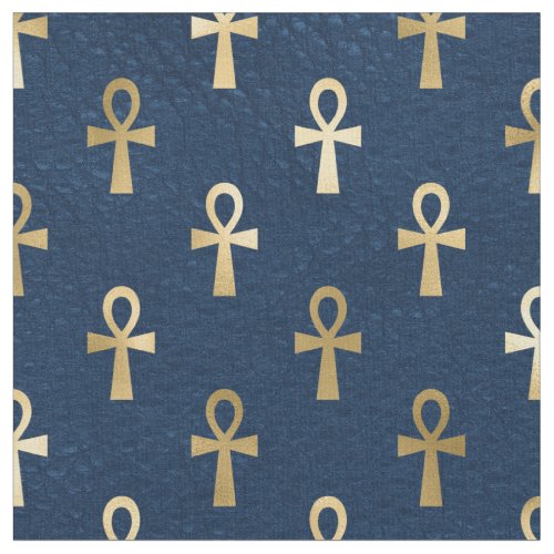 Metallic Gold Egyptian Ankh on Navy Blue Fabric