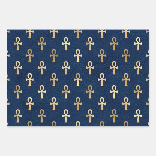 Metallic Gold Egyptian Ankh on Navy Blue Wrapping Paper Sheets