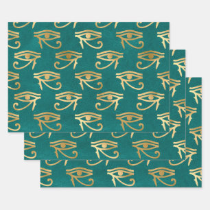 Metallic Gold Egyptian Eye on Green Wrapping Paper Sheets
