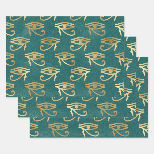 Metallic Gold Egyptian Eye on Green Wrapping Paper Sheets (Set)