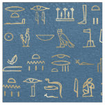 Metallic Gold Egyptian Hieroglyphs on Blue Fabric