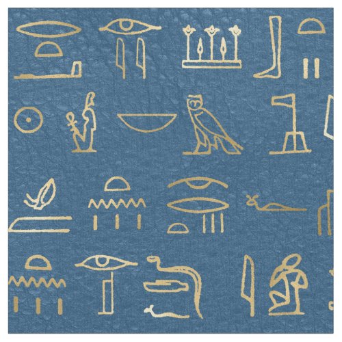 Metallic Gold Egyptian Hieroglyphs on Blue Fabric