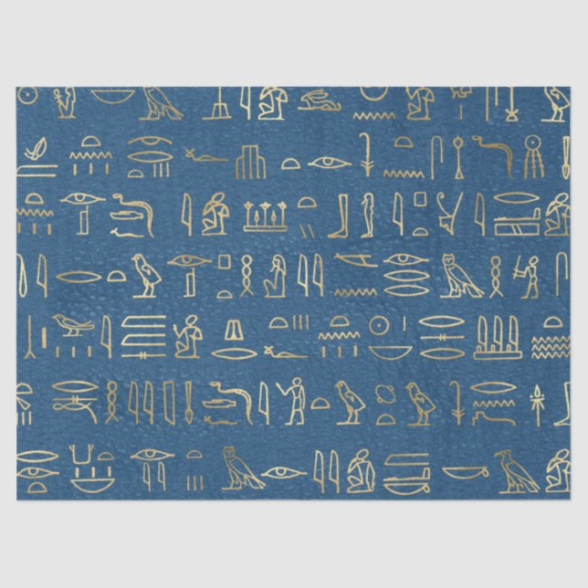 Metallic Gold Egyptian Hieroglyphs on Blue Tissue Paper (Front)
