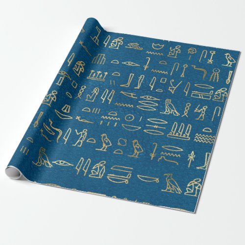 Metallic Gold Egyptian Hieroglyphs on Blue Wrapping Paper