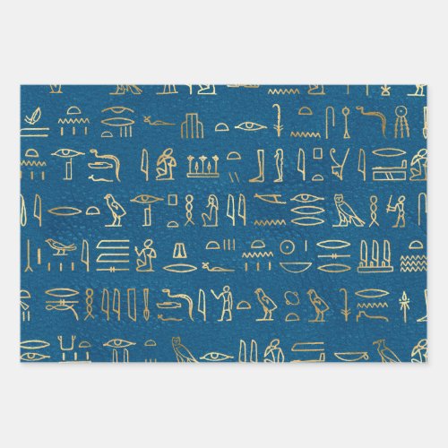 Metallic Gold Egyptian Hieroglyphs on Blue Wrapping Paper Sheets
